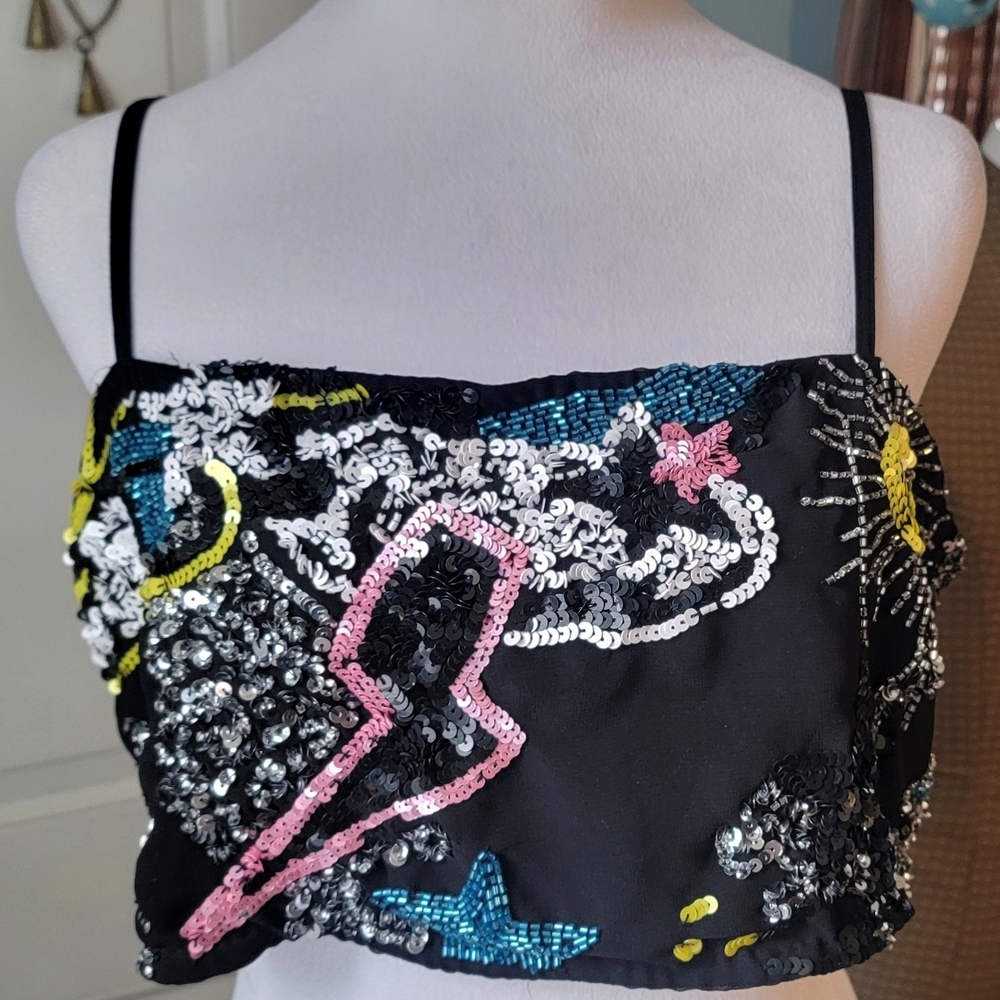 Nasty Gal Black Sequin Crop Top with Multicolor Motifs
